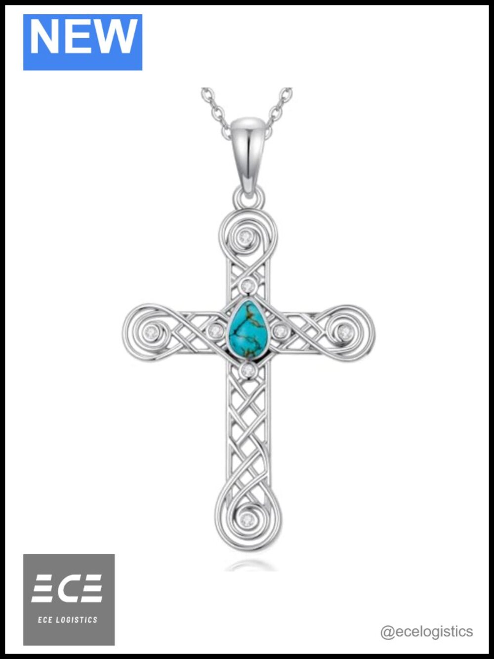 925 Sterling Silver Turquoise Cross Pendant Necklace Celtic Knot 18in